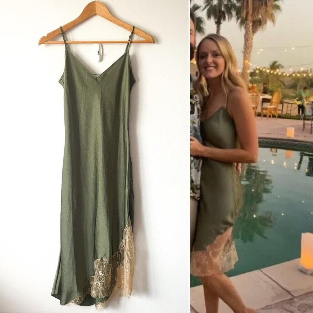 Aritzia Wilfred Sonnet Satin Slip Lace Dress Sage Green Size XS